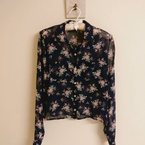 Sheer Navy Floral Button Up Top